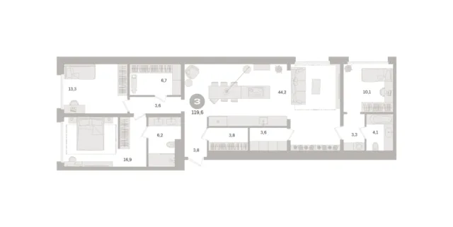 3 комн. Квартира 119.6 кв. м