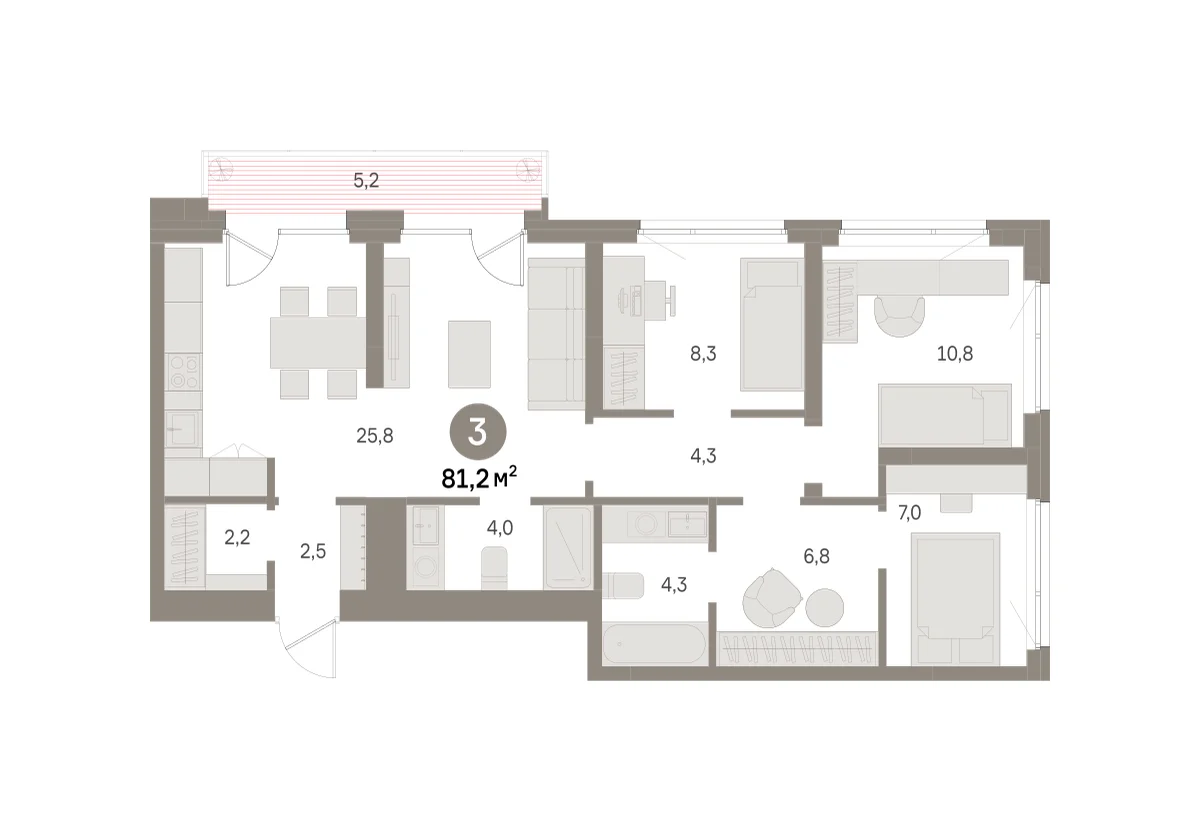 3 комн. Квартира 81.2 кв. м