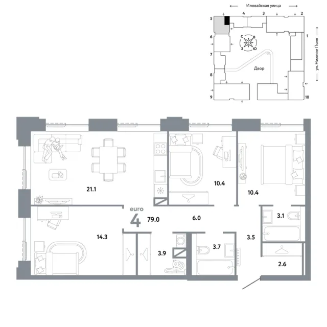 4 комн. Квартира 79 кв. м