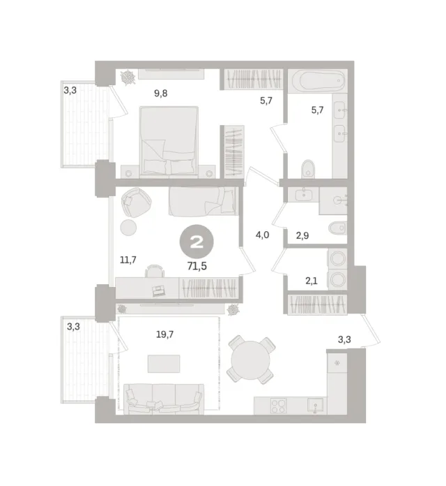 2 комн. Квартира 71.5 кв. м