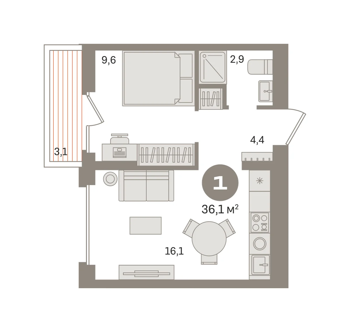 1 комн. Квартира 36 кв. м