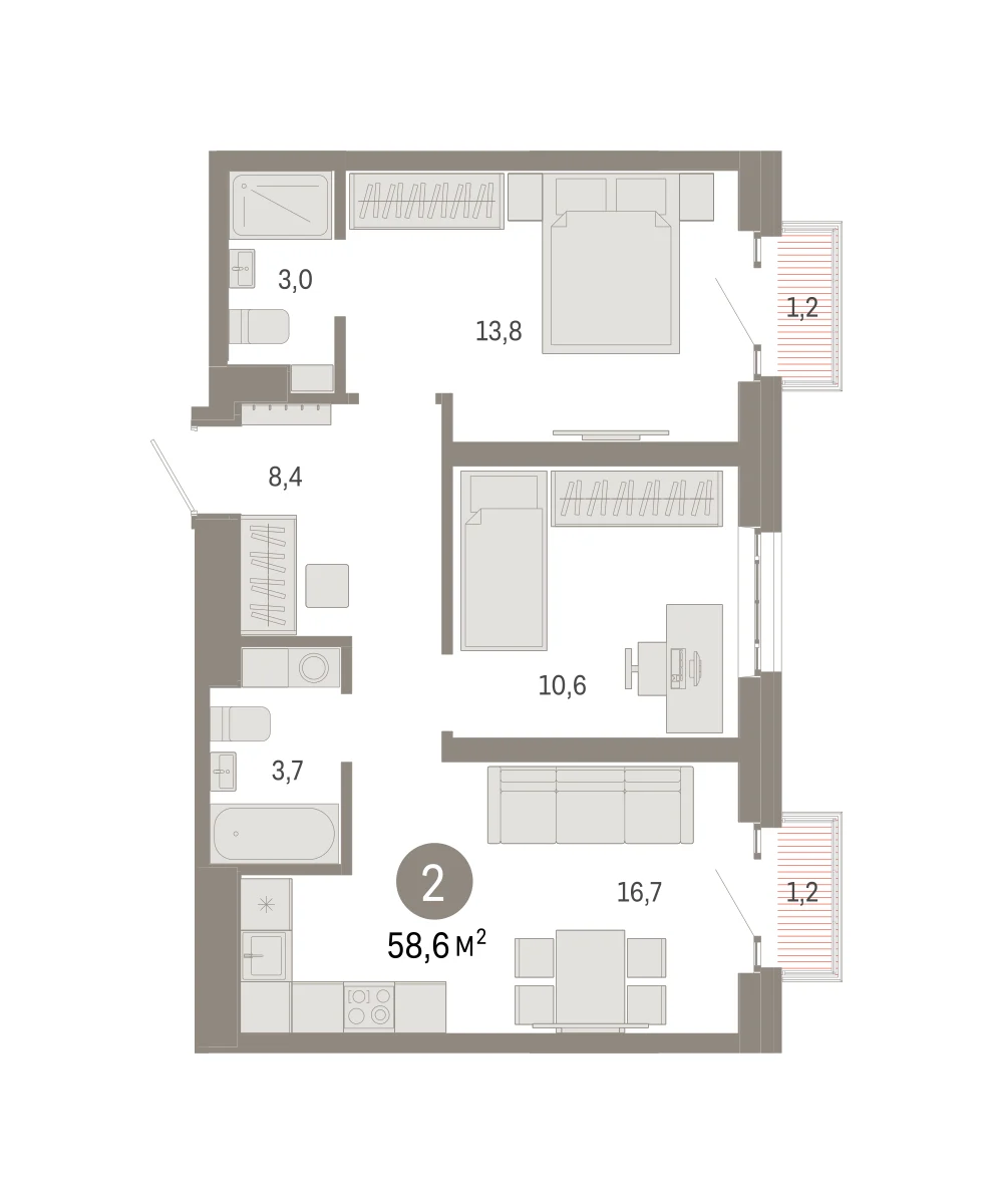2 комн. Квартира 58.6 кв. м