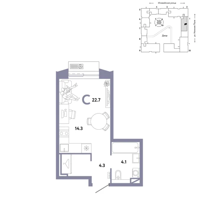 1 комн. Квартира 22.7 кв. м