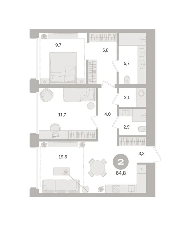 2 комн. Квартира 64.8 кв. м