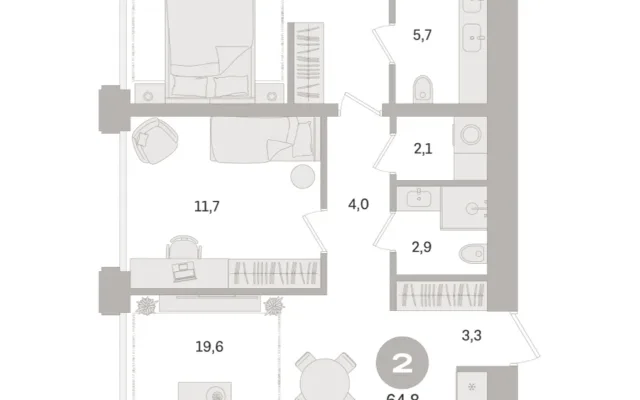 2 комн. Квартира 64.8 кв. м, Московская область Москва