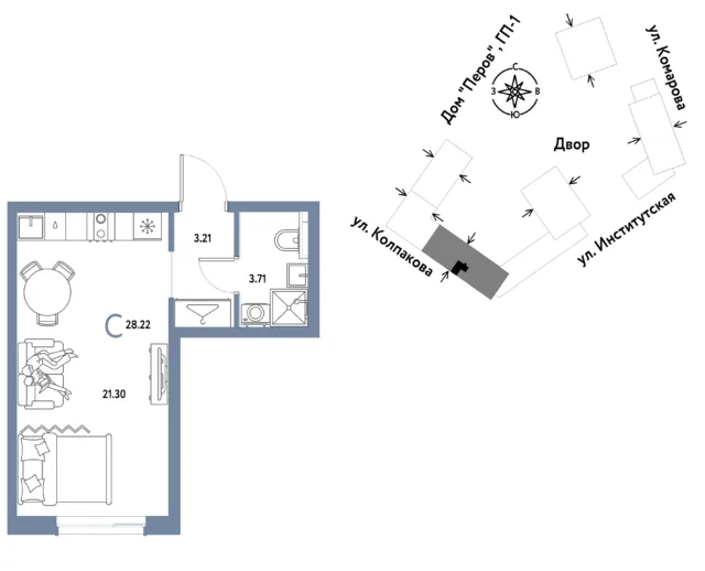 1 комн. Квартира 28.2 кв. м