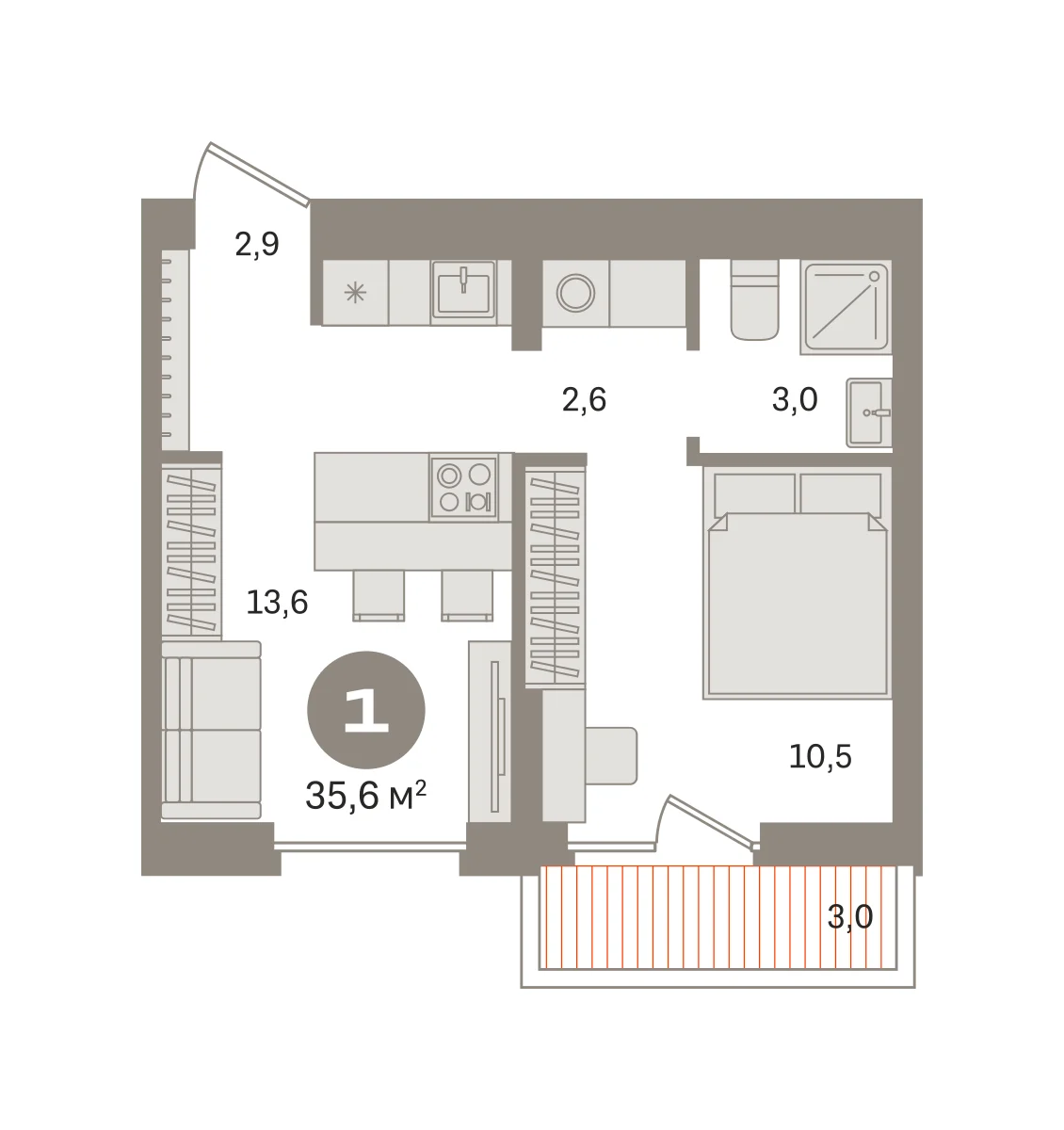 1 комн. Квартира 35.6 кв. м