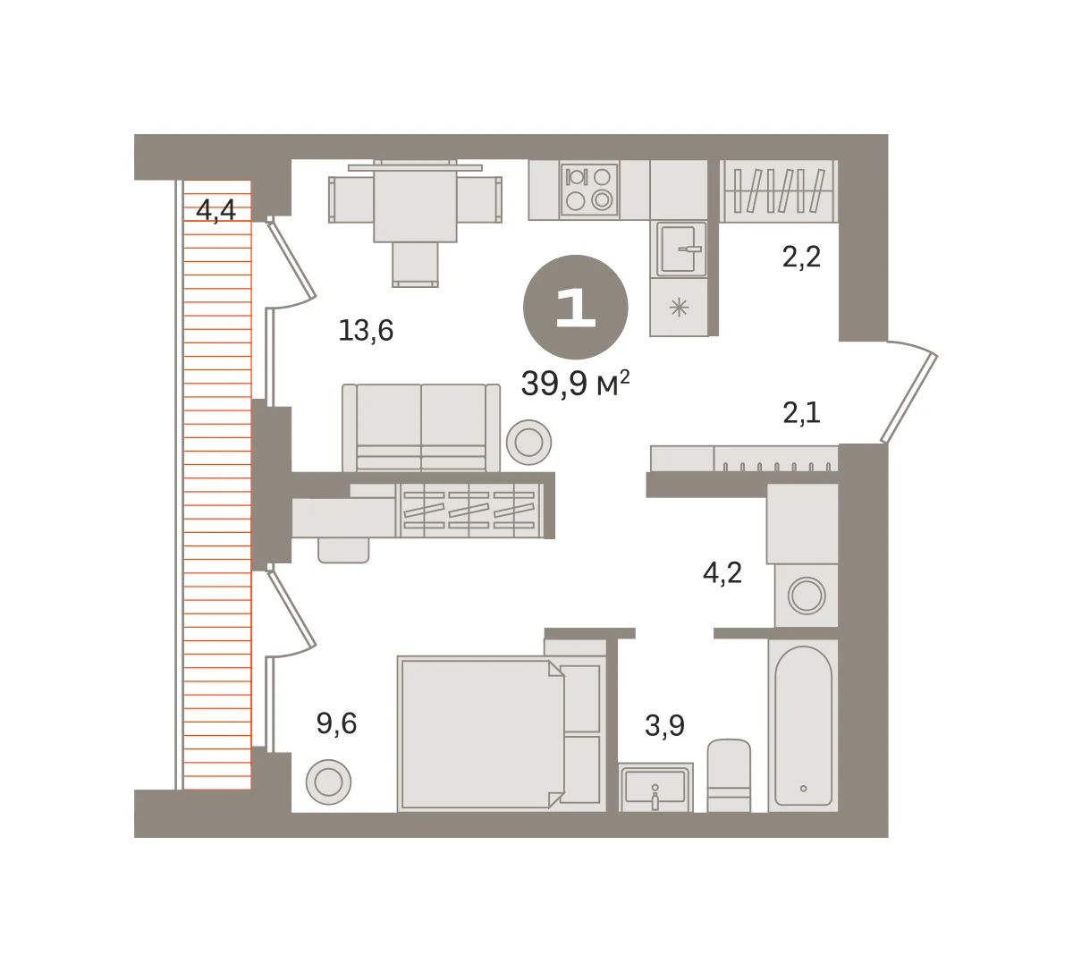 1 комн. Квартира 39.9 кв. м