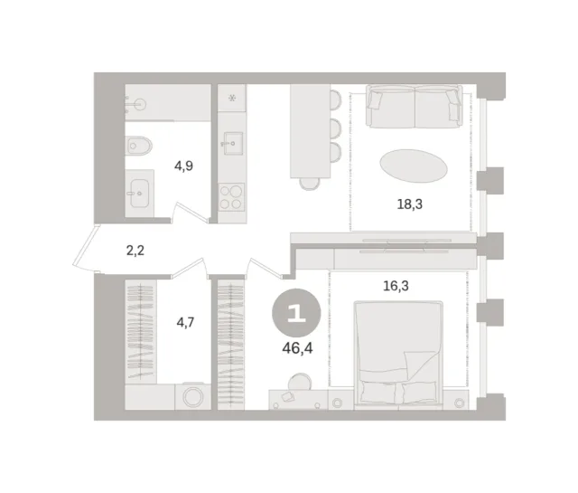 1 комн. Квартира 46.4 кв. м