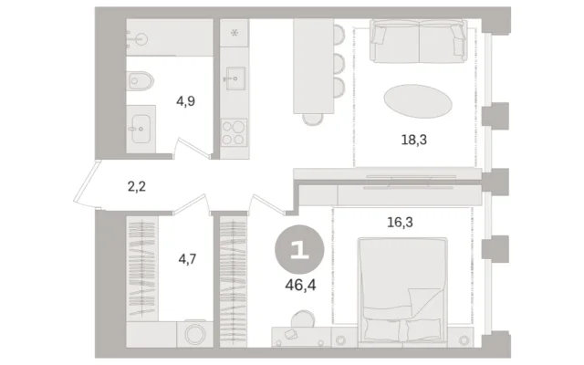 1 комн. Квартира 46.4 кв. м, Московская область Москва