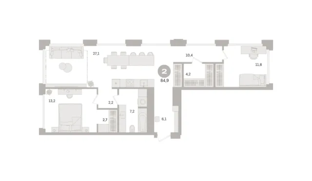 2 комн. Квартира 84.9 кв. м