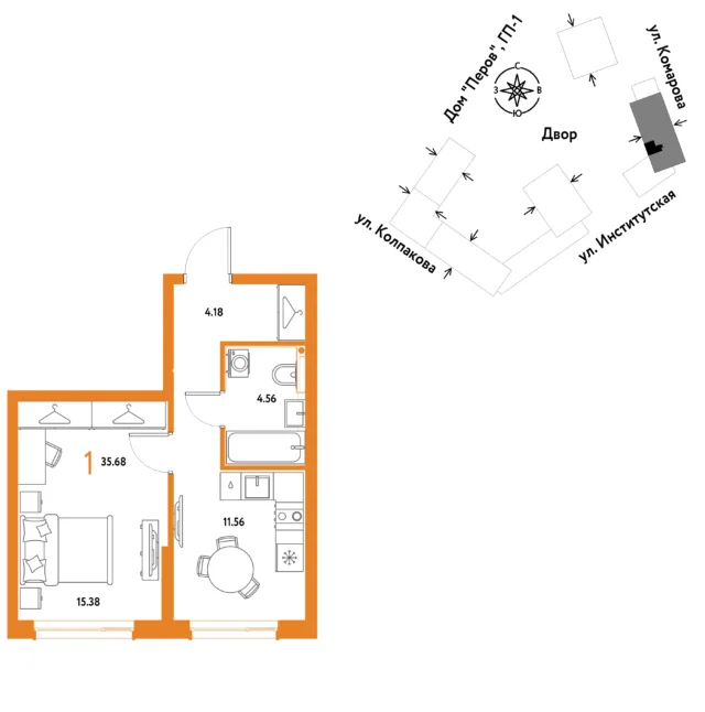 1 комн. Квартира 35.7 кв. м