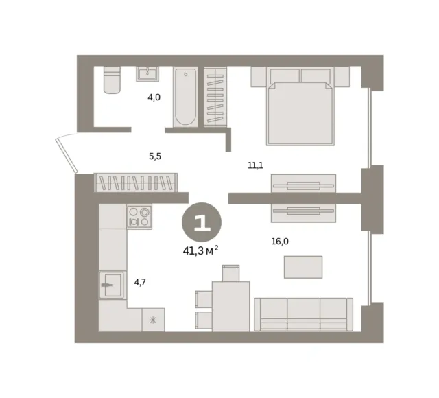 1 комн. Квартира 41.3 кв. м