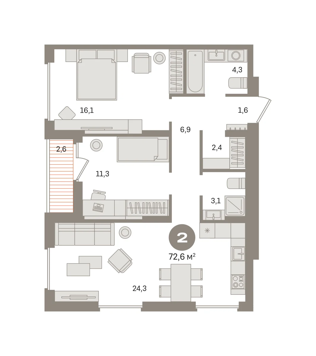 2 комн. Квартира 72.6 кв. м