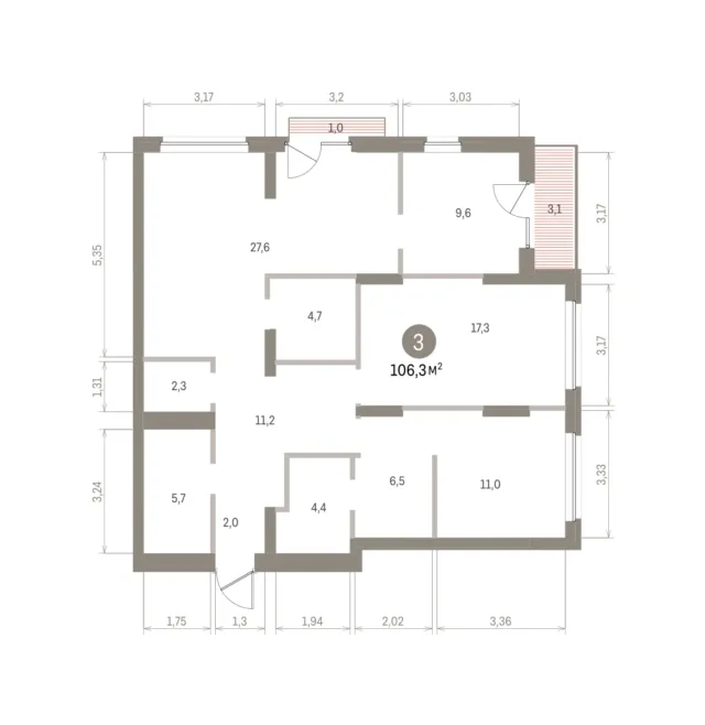 3 комн. Квартира 106.3 кв. м