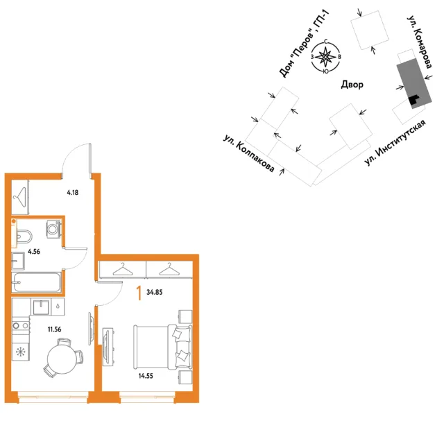 1 комн. Квартира 34.9 кв. м
