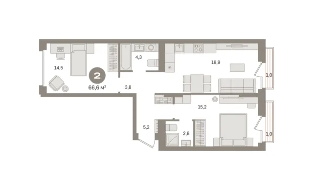 2 комн. Квартира 66.6 кв. м