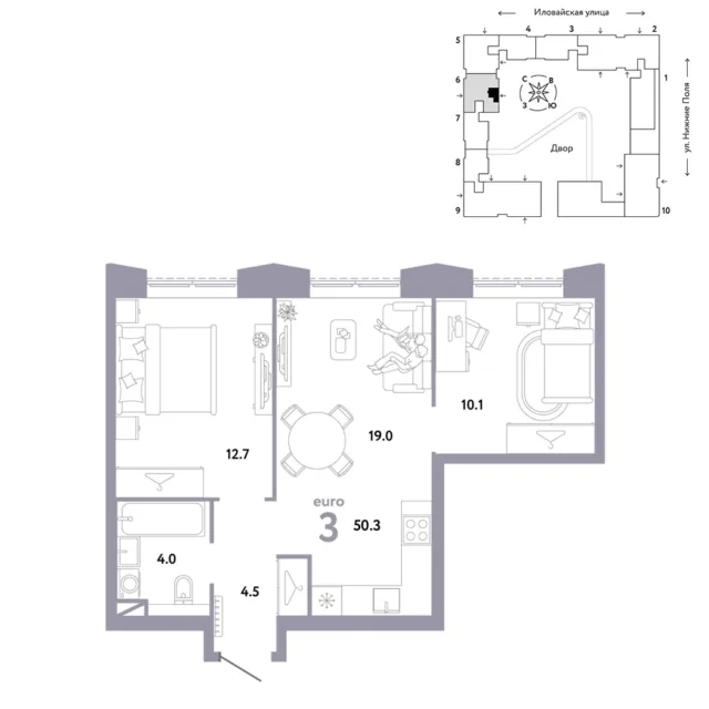 3 комн. Квартира 50.3 кв. м