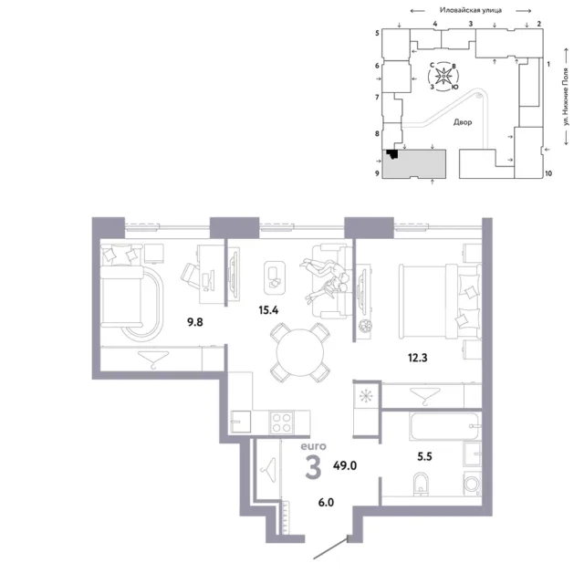 3 комн. Квартира 49 кв. м