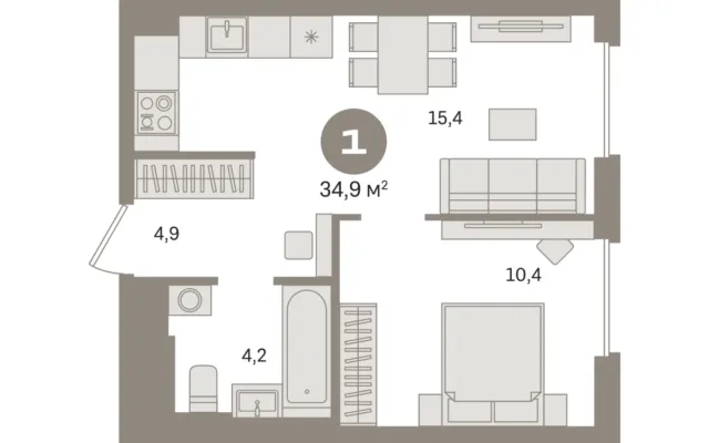 1 комн. Квартира 34.9 кв. м, Московская область Москва