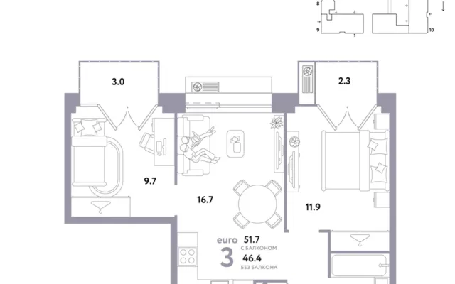 3 комн. Квартира 51.7 кв. м, Москва