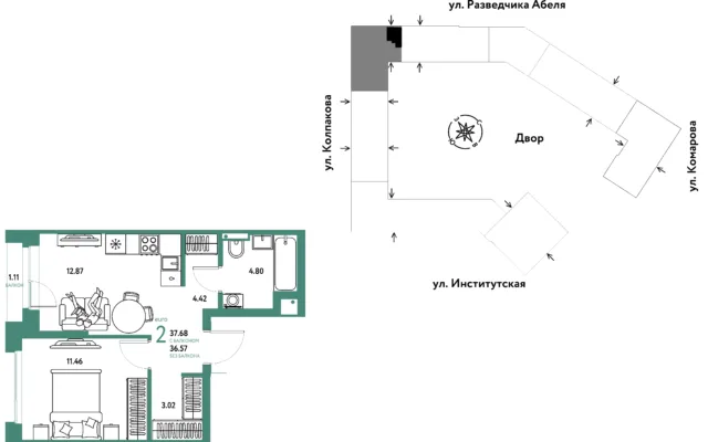 2 комн. Квартира 37.7 кв. м, Москва