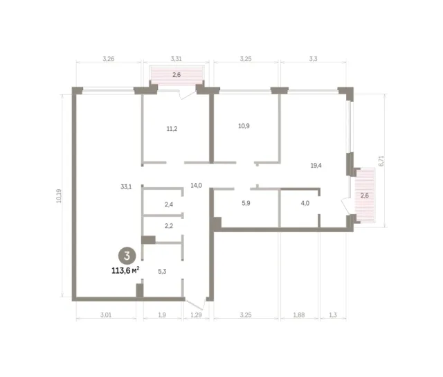 3 комн. Квартира 113.6 кв. м