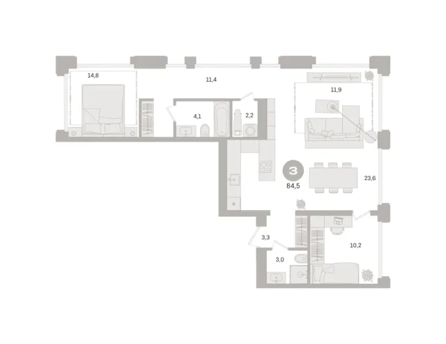 3 комн. Квартира 84.5 кв. м