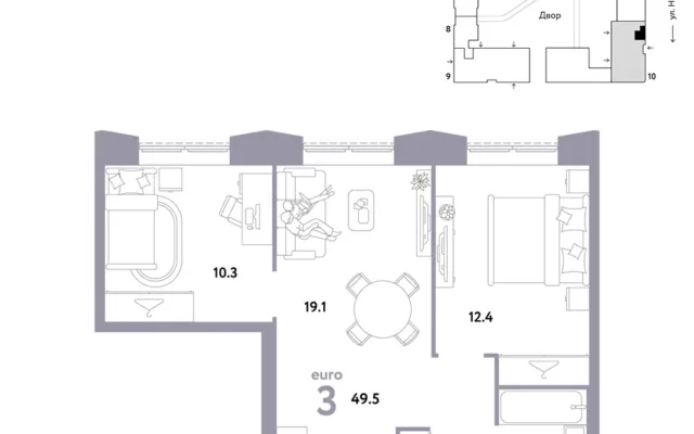 3 комн. Квартира 49.5 кв. м, Москва