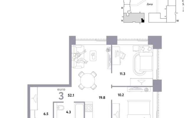 3 комн. Квартира 52.1 кв. м, Москва