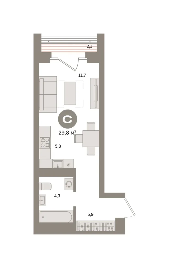 Квартира 29.8 кв. м