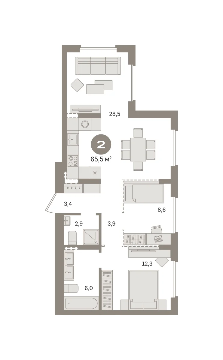 2 комн. Квартира 65.6 кв. м