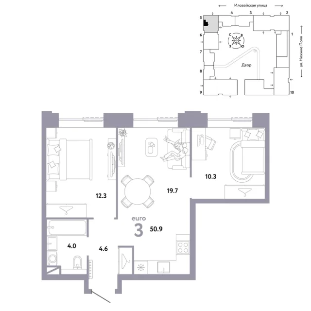 3 комн. Квартира 50.9 кв. м