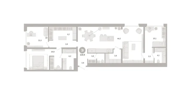 3 комн. Квартира 119.6 кв. м