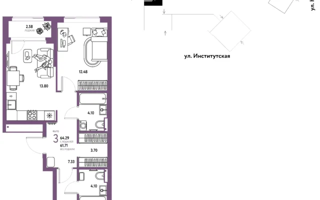 3 комн. Квартира 64.3 кв. м, Москва