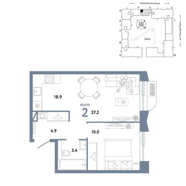 2 комн. Квартира 37.2 кв. м