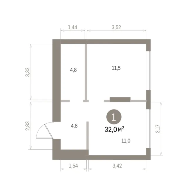 1 комн. Квартира 32 кв. м