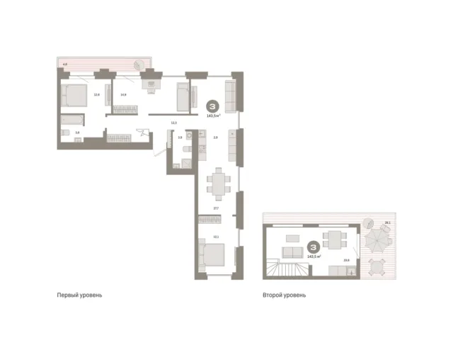 3 комн. Квартира 143.5 кв. м