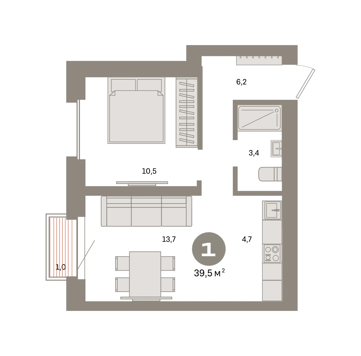 1 комн. Квартира 39.5 кв. м