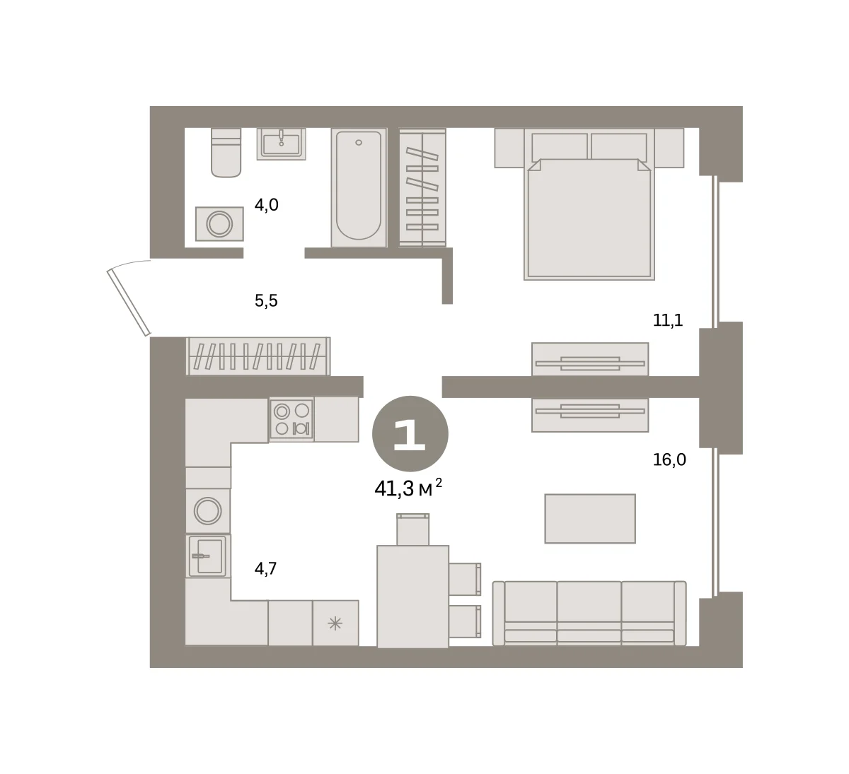 1 комн. Квартира 41.3 кв. м