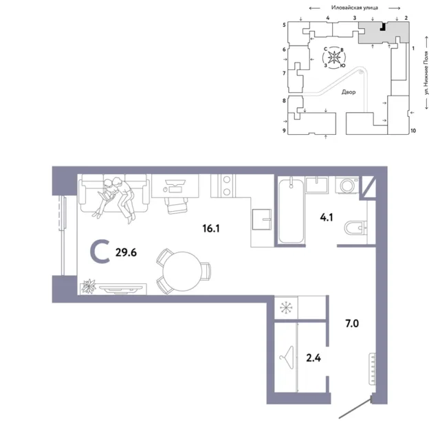 1 комн. Квартира 29.6 кв. м
