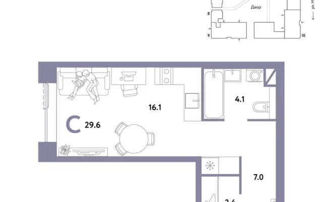1 комн. Квартира 29.6 кв. м, Москва