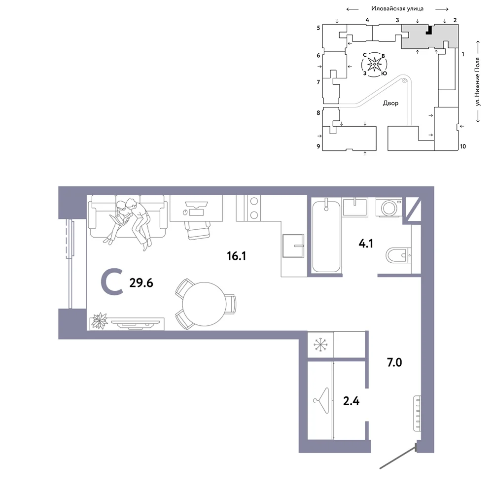 1 комн. Квартира 29.6 кв. м