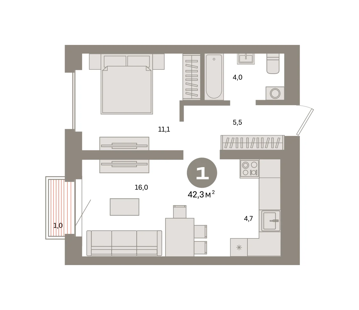 1 комн. Квартира 42.3 кв. м