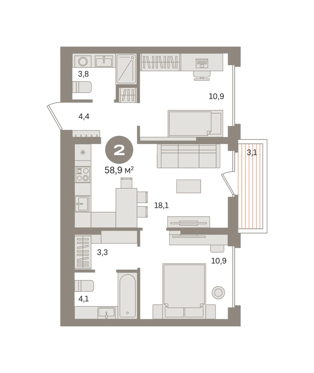 2 комн. Квартира 58.9 кв. м