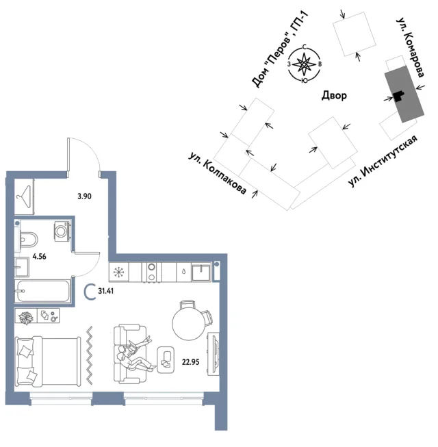1 комн. Квартира 31.4 кв. м