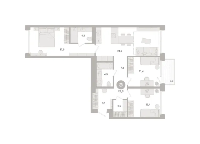 3 комн. Квартира 92.6 кв. м