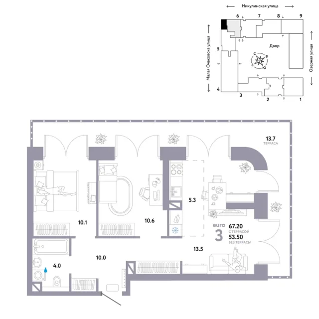 3 комн. Квартира 68.7 кв. м