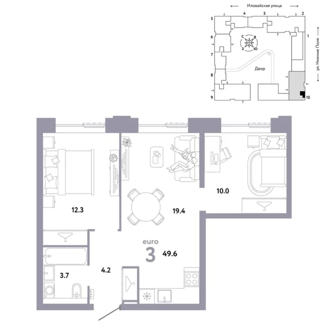 3 комн. Квартира 49.6 кв. м