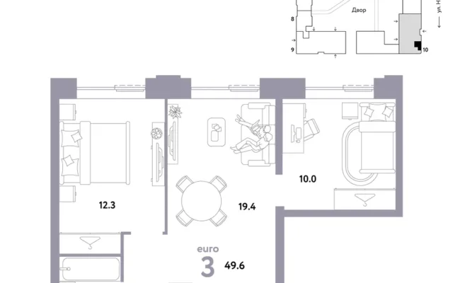 3 комн. Квартира 49.6 кв. м, Москва